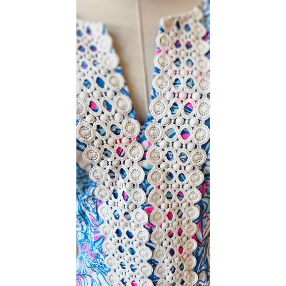 Lilly Pulitzer Embroidered My Fans Split Neck Shift Dress Women Size 2 Blue Pink - Picture 6 of 7
